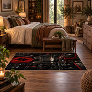 Red Championship Entrance Stage Area Rug styled in a main bedroom