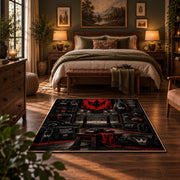 Red Championship Entrance Stage Area Rug styled in a bedroom corner