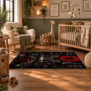Red Championship Entrance Stage Area Rug styled in a nursery room