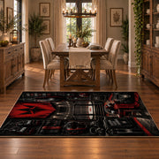 Red Championship Entrance Stage Area Rug styled in a dining room