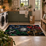 Four Panel Wrestling Arena Area Rug styled in a modern laundry room