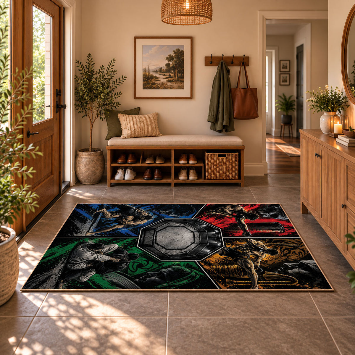 Four Panel Wrestling Arena Area Rug styled in a welcoming entryway