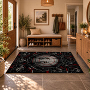 Gothic Mask and Belt Collage Area Rug styled in a welcoming entryway