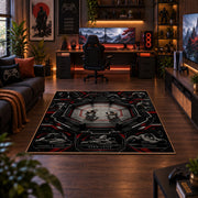Gothic Mask and Belt Collage Area Rug styled in a gaming room