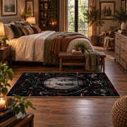 Gothic Mask and Belt Collage Area Rug styled in a main bedroom