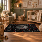 Gothic Mask and Belt Collage Area Rug styled in a nursery room