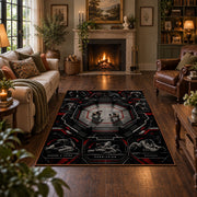 Gothic Mask and Belt Collage Area Rug styled in a living room