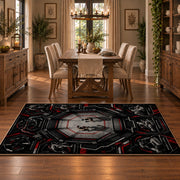 Gothic Mask and Belt Collage Area Rug styled in a dining room