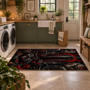 Red Hooded Arena Fighter Area Rug styled in a modern laundry room
