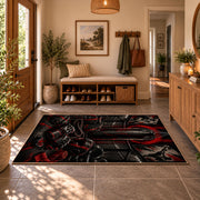 Red Hooded Arena Fighter Area Rug styled in a welcoming entryway
