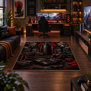 Red Hooded Arena Fighter Area Rug styled in a gaming room