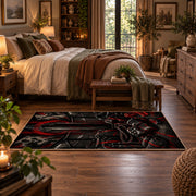 Red Hooded Arena Fighter Area Rug styled in a main bedroom
