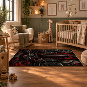 Red Hooded Arena Fighter Area Rug styled in a nursery room
