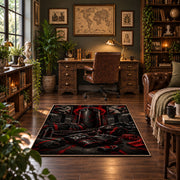 Red Hooded Arena Fighter Area Rug styled in a home office