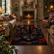 Red Hooded Arena Fighter Area Rug styled in a living room