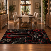 Red Hooded Arena Fighter Area Rug styled in a dining room
