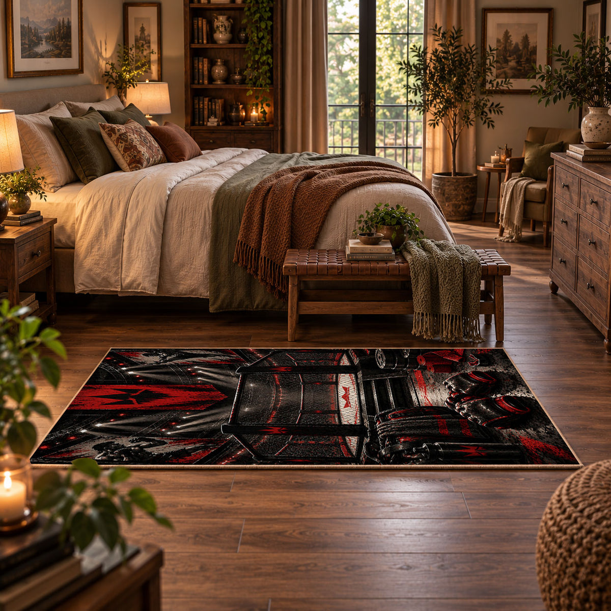 Championship Belt and Ring Area Rug styled in a main bedroom
