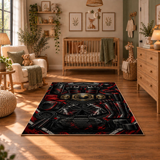 Masked Champions Collage Area Rug styled in a cozy nursery