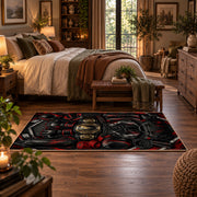 Masked Champions Collage Area Rug styled in a main bedroom
