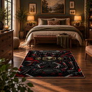Masked Champions Collage Area Rug styled in a bedroom corner