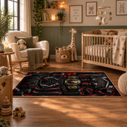 Masked Champions Collage Area Rug styled in a nursery room