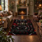 Masked Champions Collage Area Rug styled in a living room