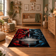 Red Blue Steel Cage Area Rug styled in a cozy nursery