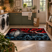 Red Blue Steel Cage Area Rug styled in a modern laundry room