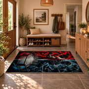 Red Blue Steel Cage Area Rug styled in a welcoming entryway