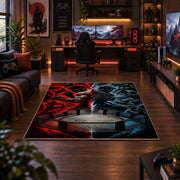Red Blue Steel Cage Area Rug styled in a gaming room