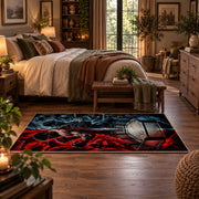 Red Blue Steel Cage Area Rug styled in a main bedroom