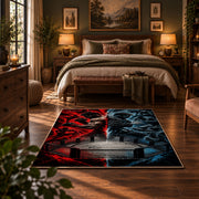 Red Blue Steel Cage Area Rug styled in a bedroom corner