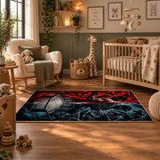 Red Blue Steel Cage Area Rug styled in a nursery room