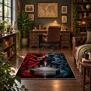 Red Blue Steel Cage Area Rug styled in a home office