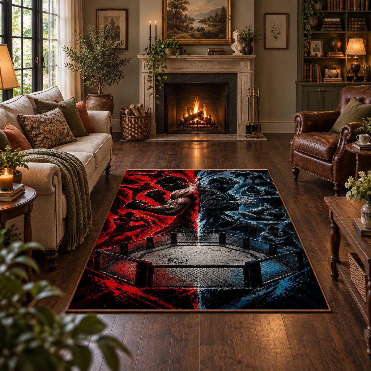 Red Blue Steel Cage Area Rug styled in a living room