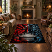 Red Blue Steel Cage Area Rug styled in a living room