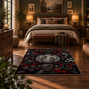 Gothic Championship Collage Area Rug styled in a bedroom corner