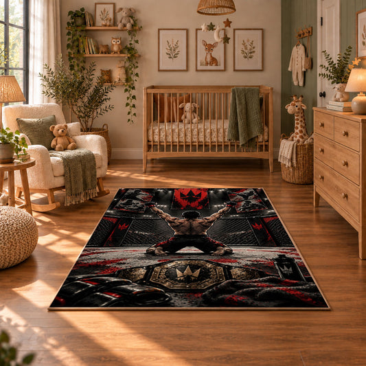 Arena Trophy Emblem Area Rug styled in a cozy nursery