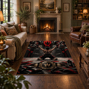 Arena Trophy Emblem Area Rug styled in a living room