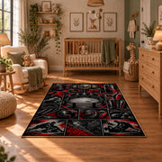 Dark Ring Hero Collage Area Rug styled in a cozy nursery