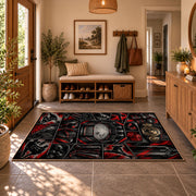 Dark Ring Hero Collage Area Rug styled in a welcoming entryway