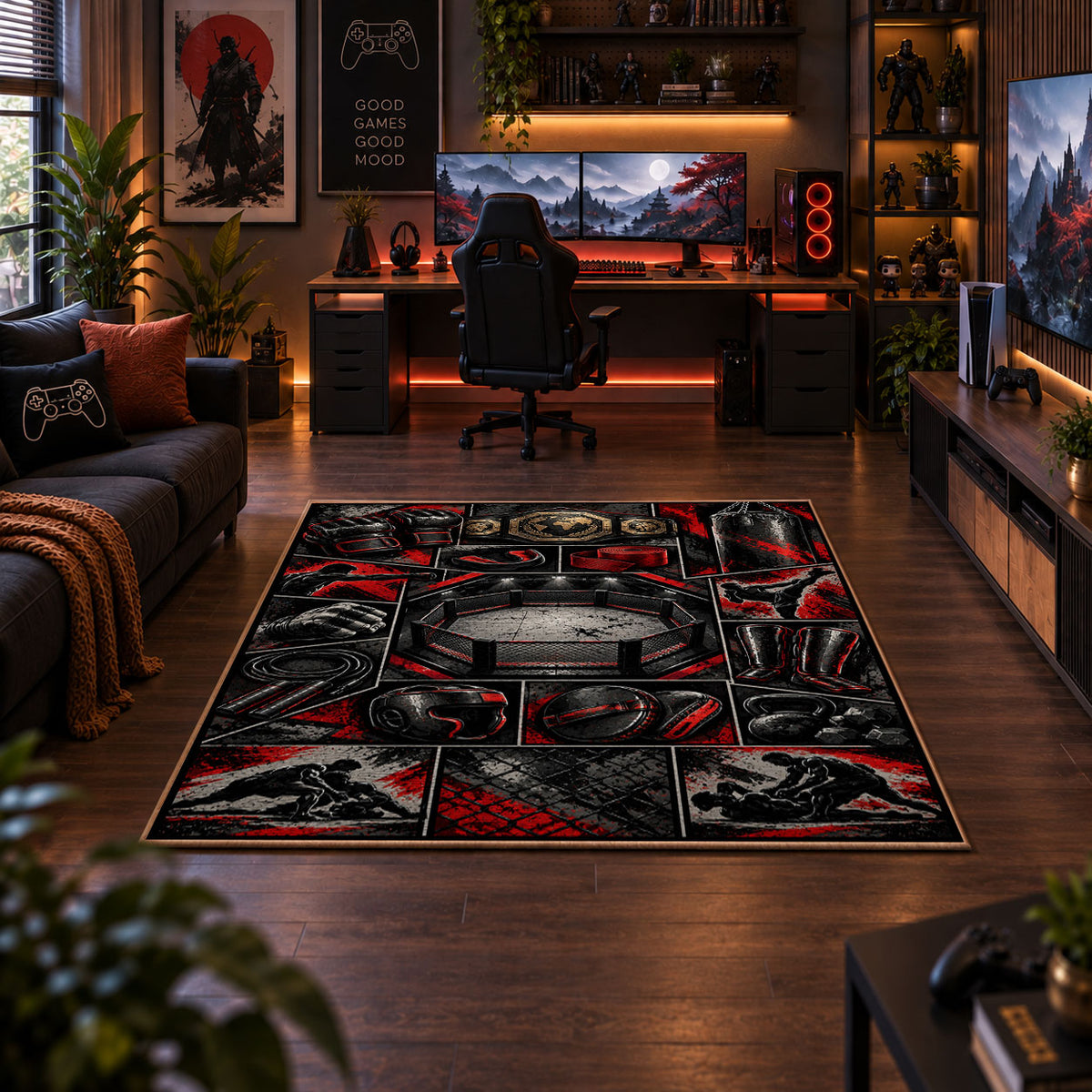 Dark Ring Hero Collage Area Rug styled in a gaming room