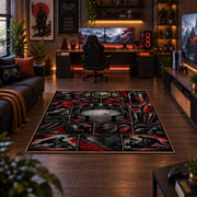 Dark Ring Hero Collage Area Rug styled in a gaming room