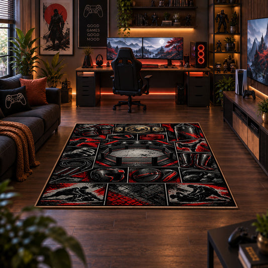 Dark Ring Hero Collage Area Rug styled in a gaming room
