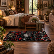 Dark Ring Hero Collage Area Rug styled in a main bedroom