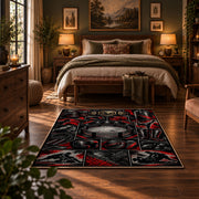 Dark Ring Hero Collage Area Rug styled in a bedroom corner