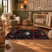 Dark Ring Hero Collage Area Rug styled in a nursery room