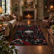 Dark Ring Hero Collage Area Rug styled in a living room