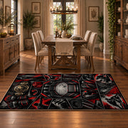 Dark Ring Hero Collage Area Rug styled in a dining room