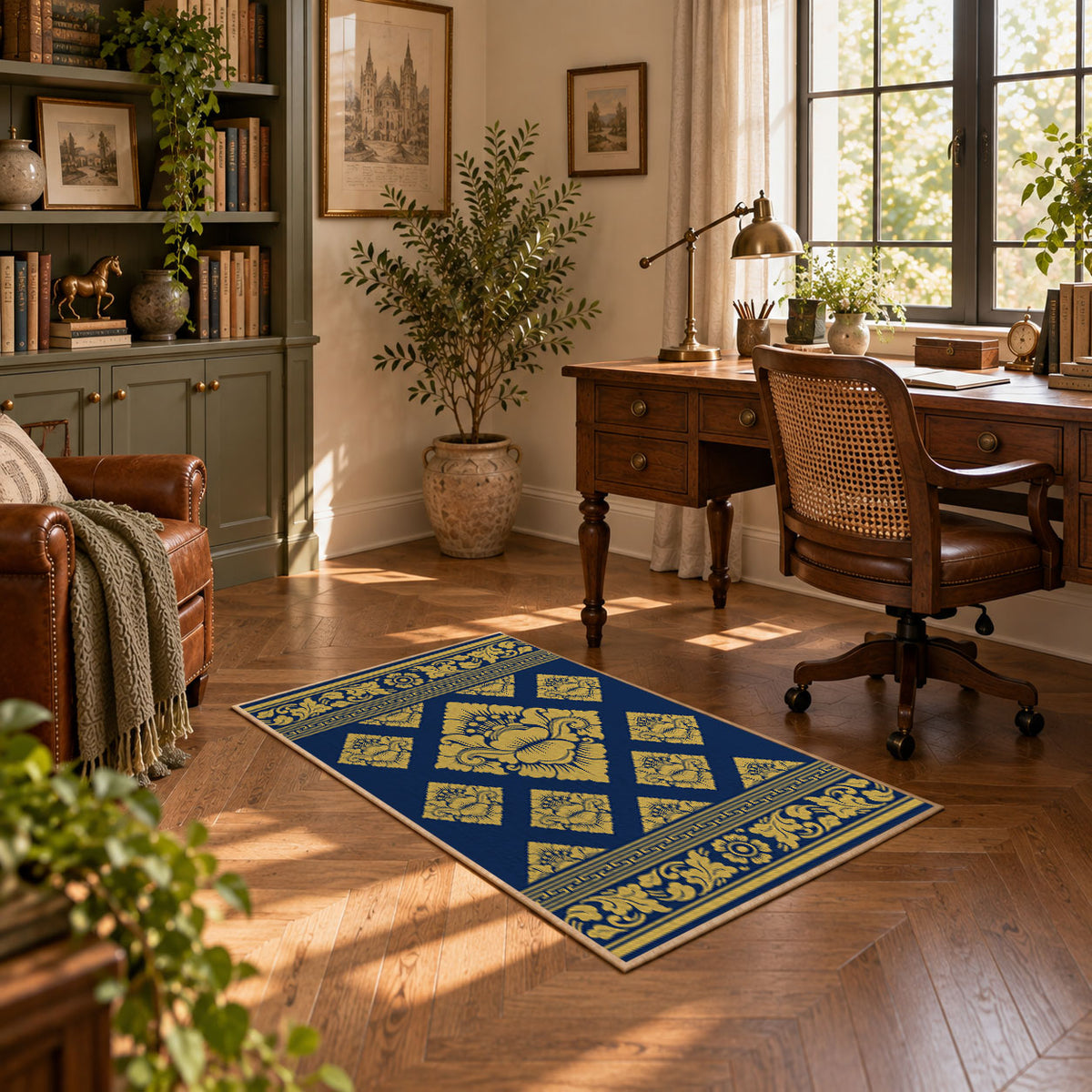 Navy and gold geometric mosaic rug in a warm living room